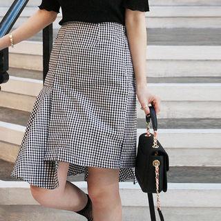Asymmetric-hem Check Mid Skirt