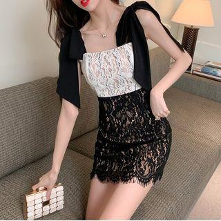 Tie-strap Two-tone Lace Mini Bodycon Dress