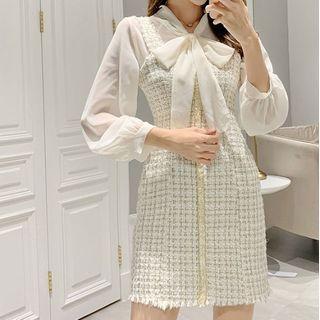 Set: Tie-neck Blouse + Tweed Mini Sheath Pinafore Dress