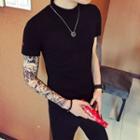 Mock-neck Flower Embroidered Short-sleeve T-shirt