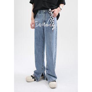 Lettering High Waist Slit Straight Leg Jeans