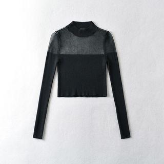 Long-sleeve Mock-neck Mesh Trim Crop Top