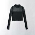 Long-sleeve Mock-neck Mesh Trim Crop Top
