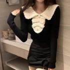 Lace Collar Knit Top White & Black - One Size