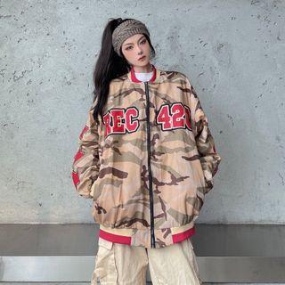Number Embroidered Camo Print Zip Jacket