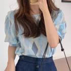 Short-sleeve Print Blouse Blue - One Size