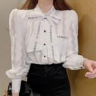 Long-sleeve Lettering Bow Blouse White - One Size