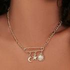 Safety Pin Sun Moon & Star Pendant Alloy Necklace Nl270 - Gold - One Size