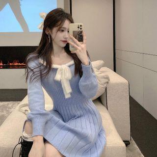 Long-sleeve Ribbon Knit Dress Blue - One Size