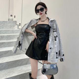 Newspaper-print Loose Shirt / Faux-leather Sleeveless Mini Dress