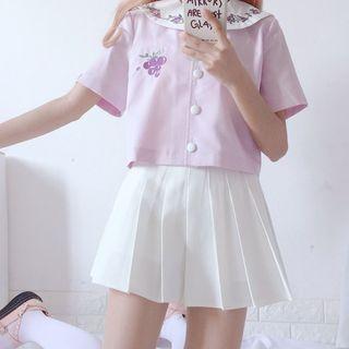 Short-sleeve Grape Embroidered Shirt / Pleated Skirt