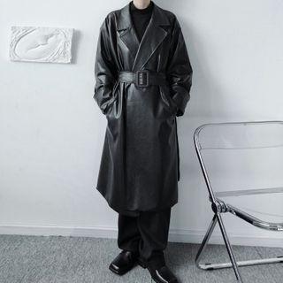 Faux Leather Belted Coat