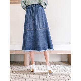 Fringe-hem Denim Long Mermaid Skirt