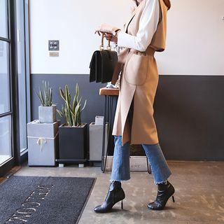 Wool Blend Long Vest With Sash