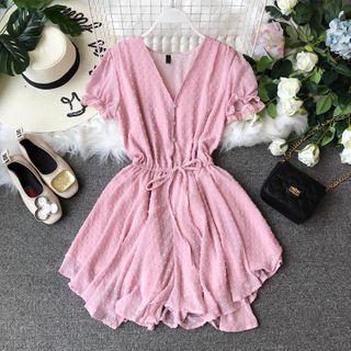 V-neck Dotted Chiffon Drawstring Playsuit