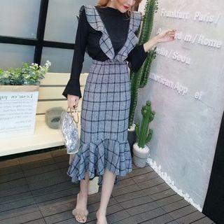 Set: Long-sleeve Top + Ruffle-trim Plaid Midi Suspender Skirt