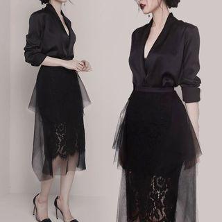 Set: Long-sleeve Satin Top + Mesh Overlay Lace Skirt