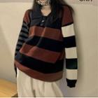 Long-sleeve Striped Knit Sweater Stripe - Black & Red - One Size