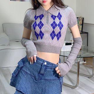 Argyle Knit Cropped Polo Shirt