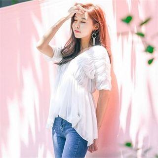 V-neck Short-sleeve Shirred Top