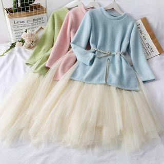 Set: Slit-hem Woolen Top + Mesh A-line Skirt