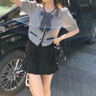 Short-sleeve Plaid Bow Shirt Plaid - One Size
