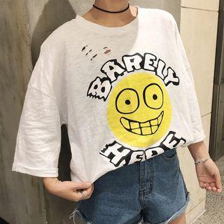 Smiley Face Print Ripped 3/4 Sleeve T-shirt Dress