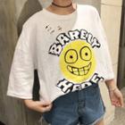 Smiley Face Print Ripped 3/4 Sleeve T-shirt Dress