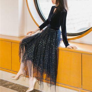 Long-sleeve Sequined Mesh Panel Midi A-line Dress