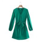 Long-sleeve V-neck Tie-waist Mini Dress