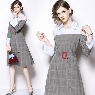 Cold Shoulder Plaid Long-sleeve A-line Dress