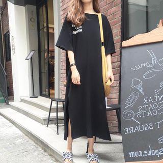 Lettering Elbow-sleeve Midi T-shirt Dress
