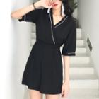 Color-block V-neck High-waist Jumper Shorts