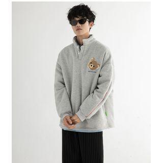 Bear Embroidered Stand Collar Polo Sweatshirt
