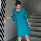 Ruffle-trim Short-sleeve Dress Peacock Blue - One Size
