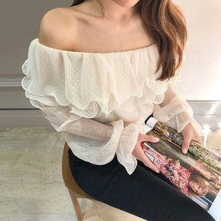 Off-shoulder Ruffled Tulle Blouse