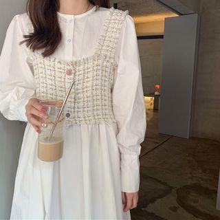 Long-sleeve Buttoned Midi Dress / Cropped Tweed Tank Top