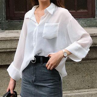 Plain 3/4 Sleeve Sheer Shirt