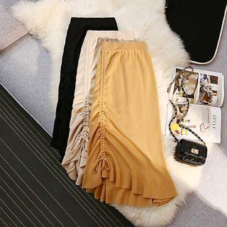 Drawstring Ruffle Hem Knit Midi Pencil Skirt