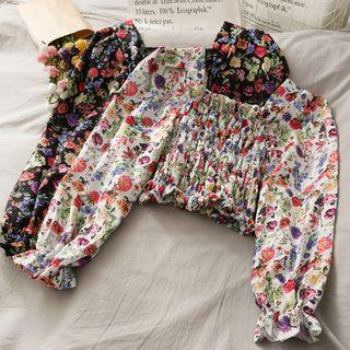 Square-neck Flower-print Smocked Crop Top