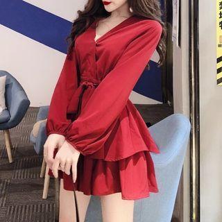 Long-sleeve Tie-waist Layered Mini A-line Dress