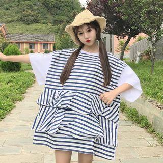 3/4-sleeve Striped Ruffle Dress