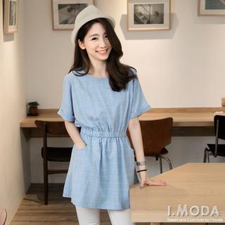 Short-sleeve Tie-waist Check Dress