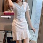 Short-sleeve Ruffle Hem Mini A-line Eyelet Dress