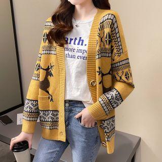 V-neck Reindeer Pattern Cardigan