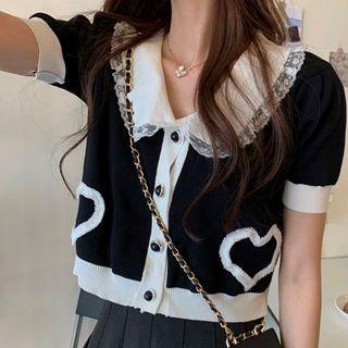 Short-sleeve Lace Trim Buttoned Top / Pleated A-line Mini Skirt