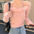 Cold-shoulder Fluffy T-shirt Cherry Pink - One Size