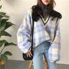 Mock Two-piece High-neck Plaid Pullover
