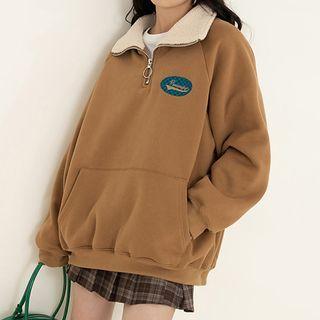 Zip Front Fleece Lined Embroidered Pullover