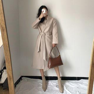 Buttonless Long Wool Jacket With Sash